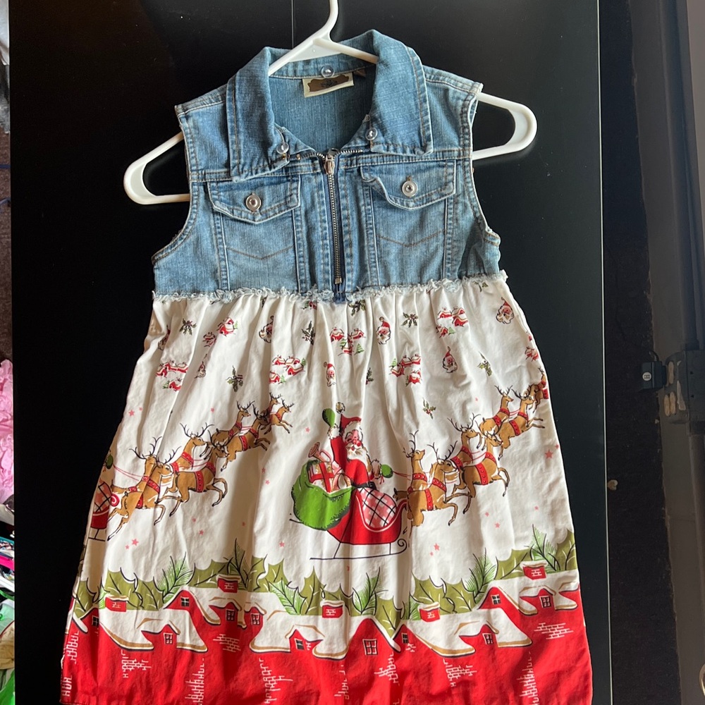 Charming Denim and Red Kids Dress with Holiday Print